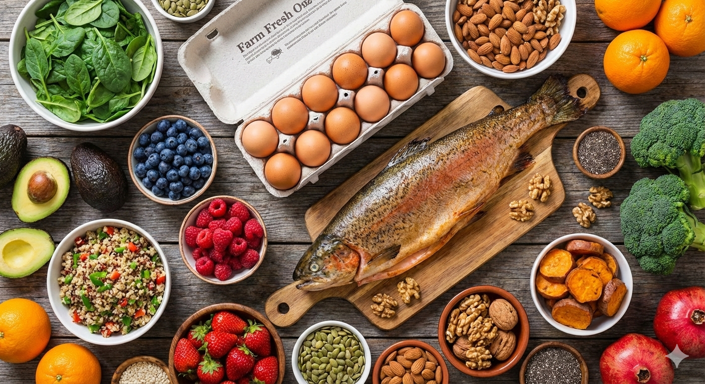 nutrient rich foods on a wooden table