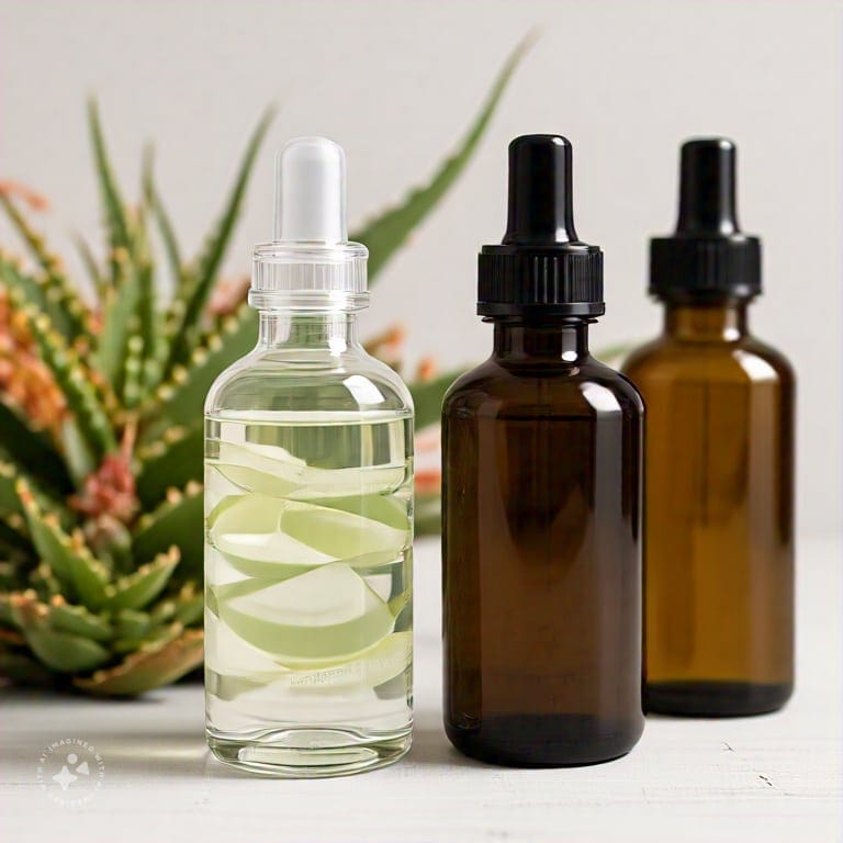 a bottle of aloe vera and castor oil in front of a plant